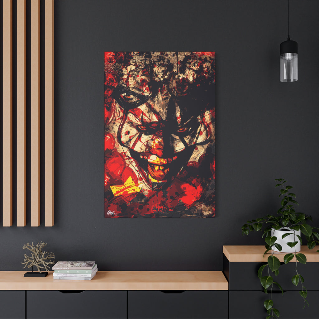 Down in a Drain large canvas on a charcoal wall over an oak shelf, grunge clown portrait with red splatter