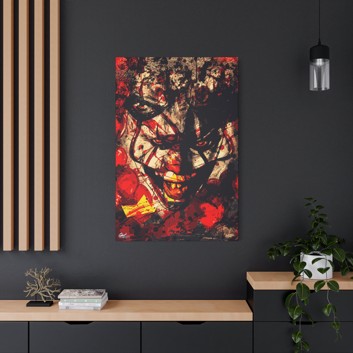 Down in a Drain large canvas on a charcoal wall over an oak shelf, grunge clown portrait with red splatter