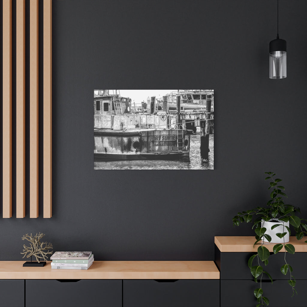 Fort Sumter Original large canvas on a charcoal wall by wood slats, weathered harbor boat sketched over in pen