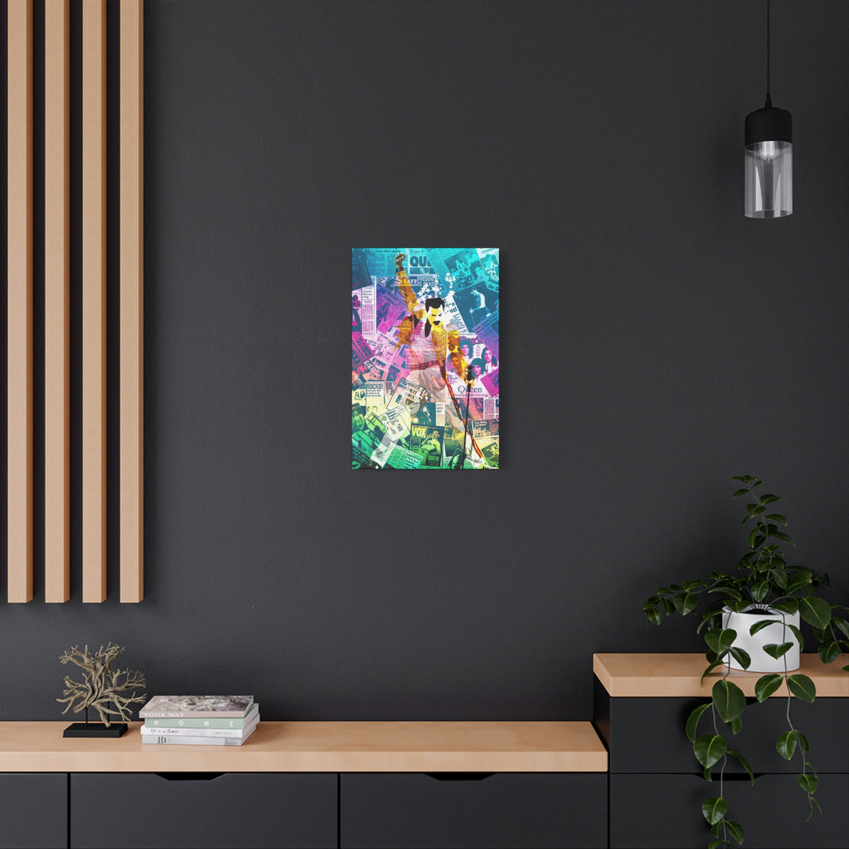 The Showman medium canvas on a charcoal wall by wood slats, teal-to-pink music collage of a performer mid-show