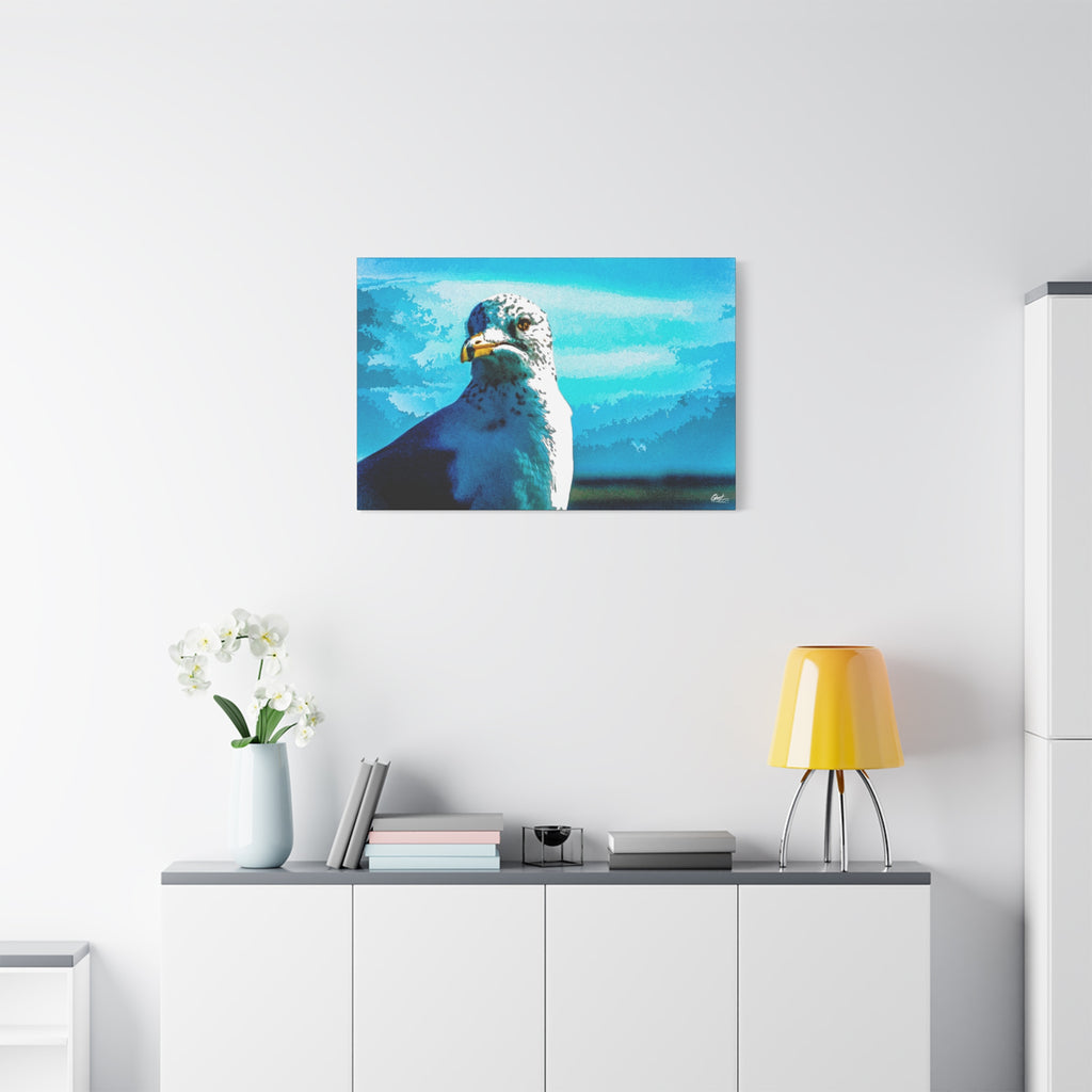 Carolina Seagull medium canvas above a white sideboard and yellow lamp, pier seagull close-up in vivid blues