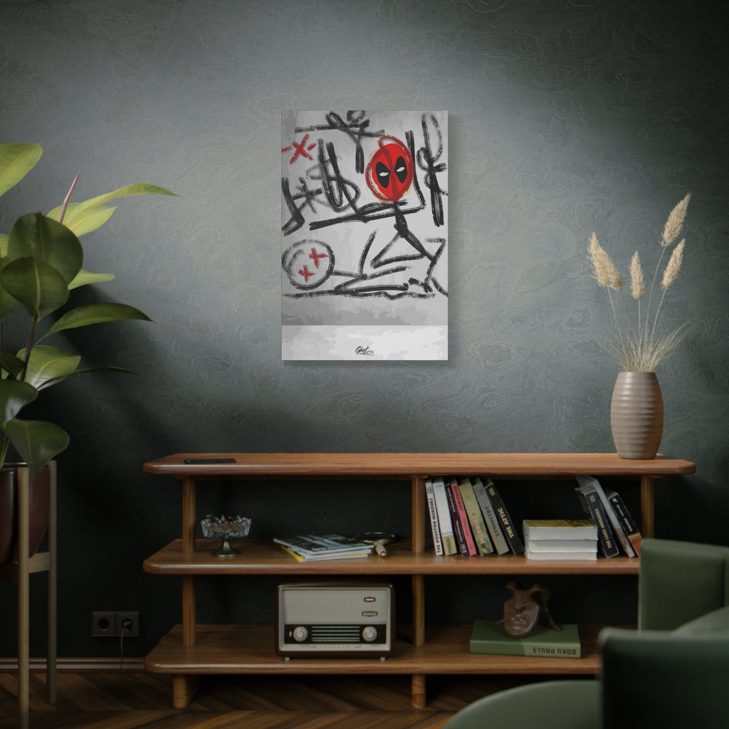 X'd Out medium canvas above a wooden bookshelf, black brushstroke doodles with a red mask emblem