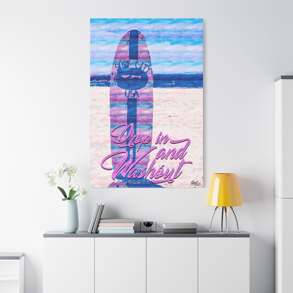 Drop In and Wash Out, Folly Beach canvas on a white wall over a sideboard, sun-bleached surfboard art in soft pinks and blues