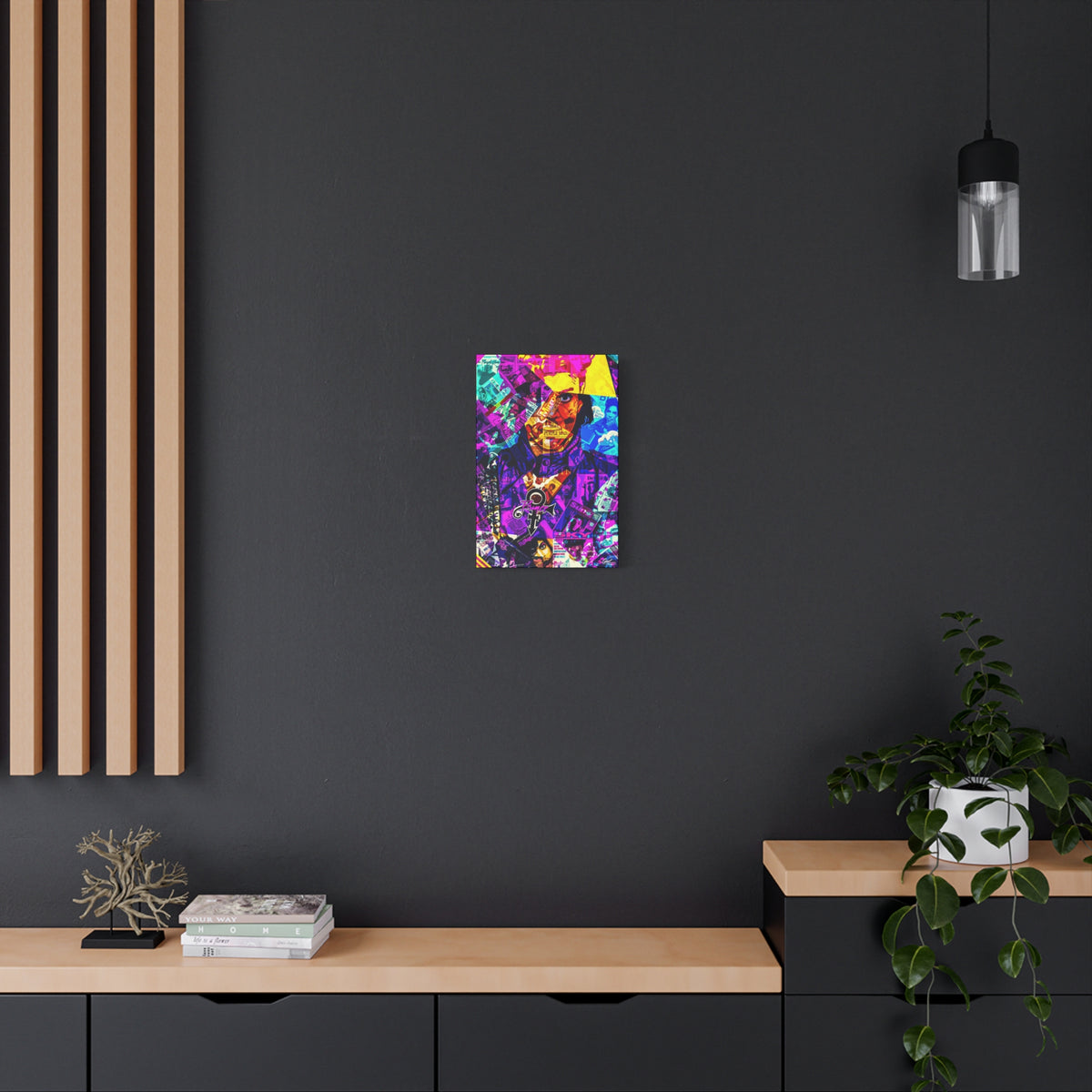 The Symbol small canvas on a charcoal wall over an oak shelf, vibrant collage portrait in magenta and gold