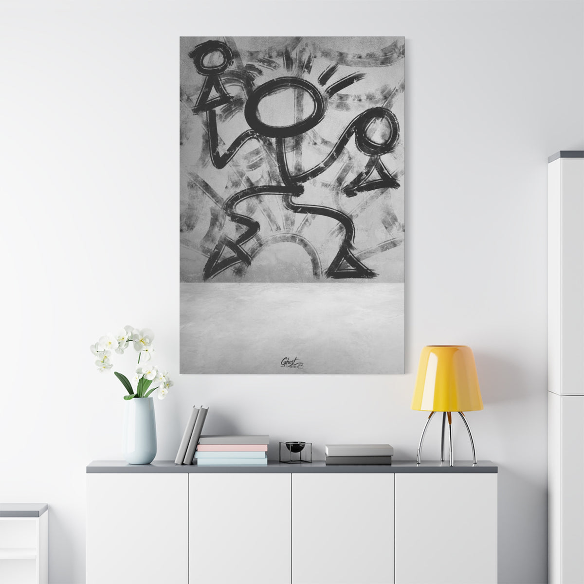Trapped oversized canvas on a white wall over a sideboard, raw charcoal-style abstract figure in motion