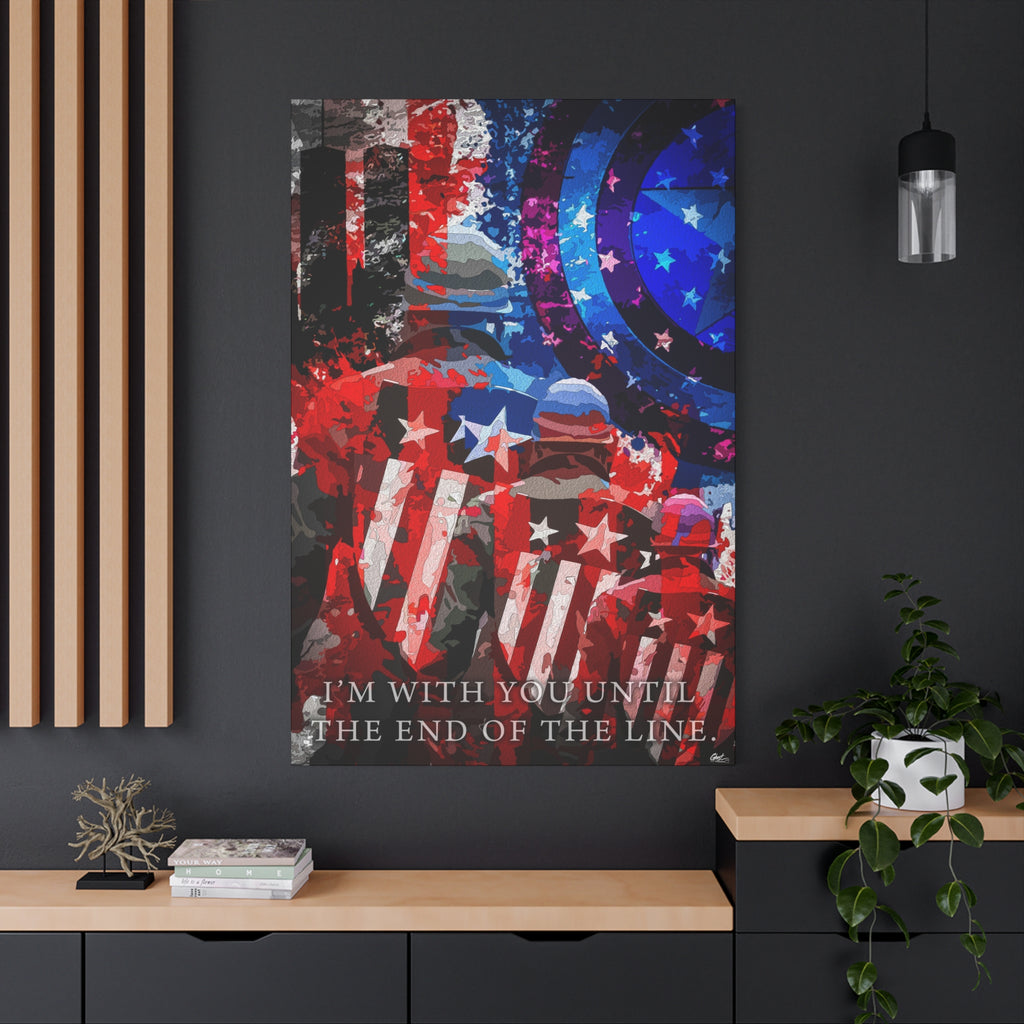 9/11 Never Forget oversized canvas on a charcoal wall over an oak shelf, patriotic tribute in red, white, blue and smoke gray