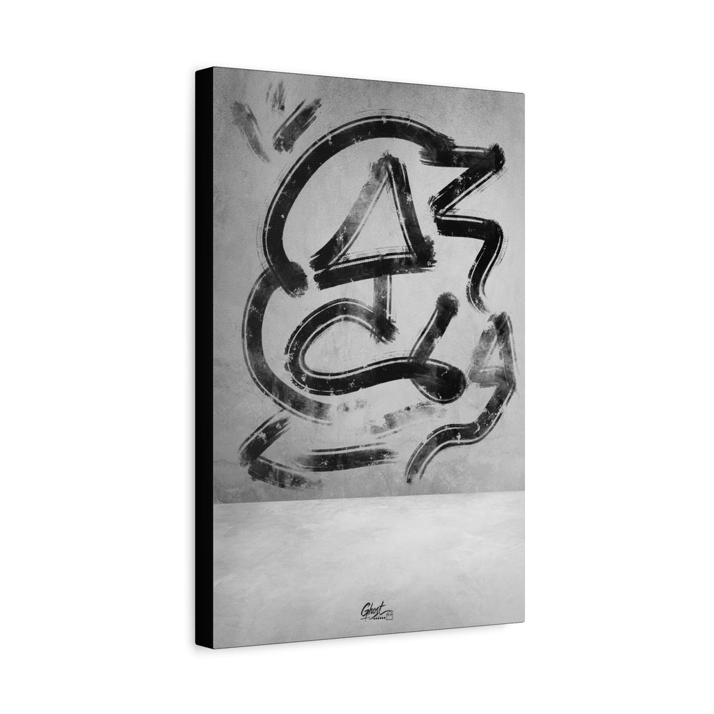 All Nature canvas, angled view of the gallery-wrapped edge: sweeping black gestural brushstrokes on a light ground