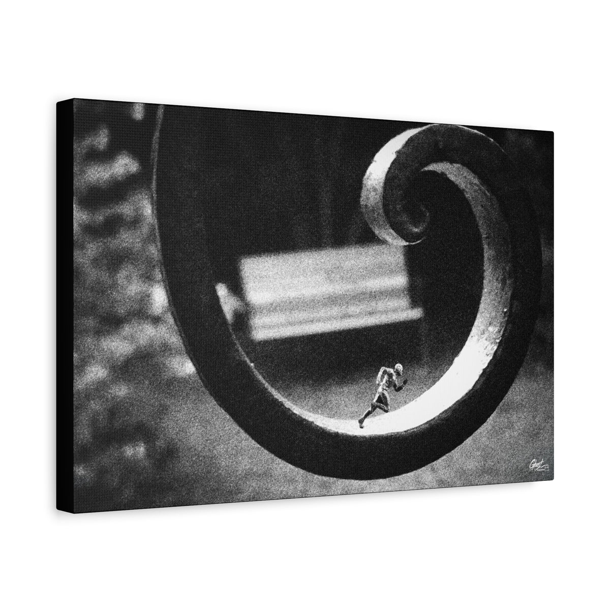 A Man in Charleston canvas, angled view of the gallery-wrapped edge: tiny running figure inside a curled wrought-iron scroll in grainy black and white