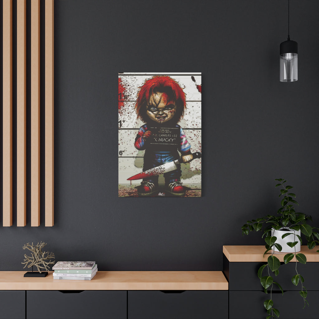 Best Friends Forever large canvas on a charcoal wall over an oak shelf, red-haired doll with a booking placard and bloodied knife