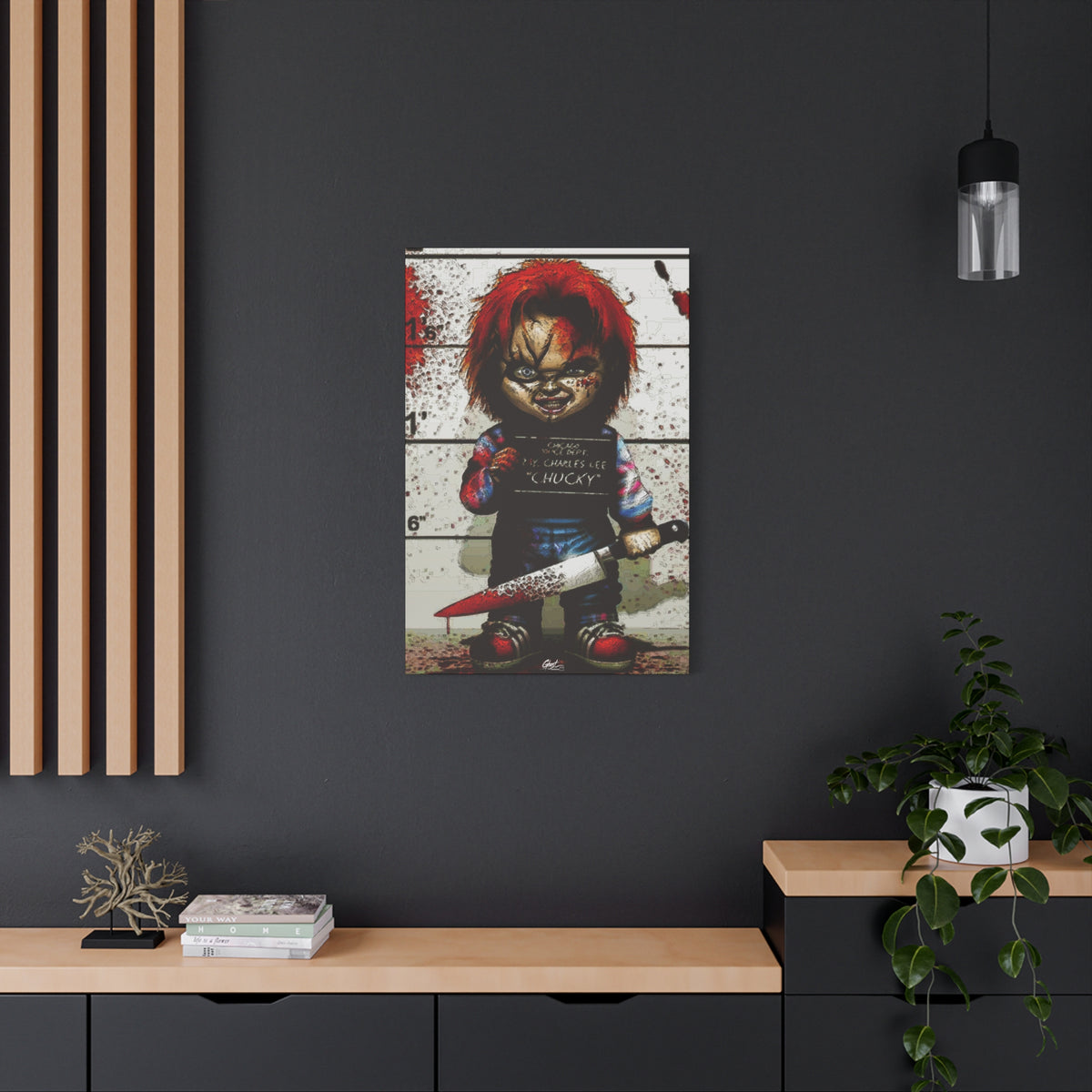 Best Friends Forever large canvas on a charcoal wall over an oak shelf, red-haired doll with a booking placard and bloodied knife