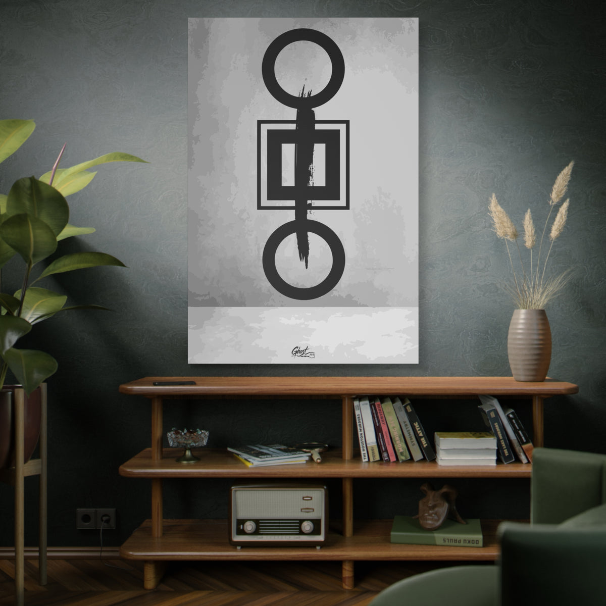 Down is Up oversized canvas on a green-gray wall over bookshelves, black-and-white geometric charcoal-style abstract