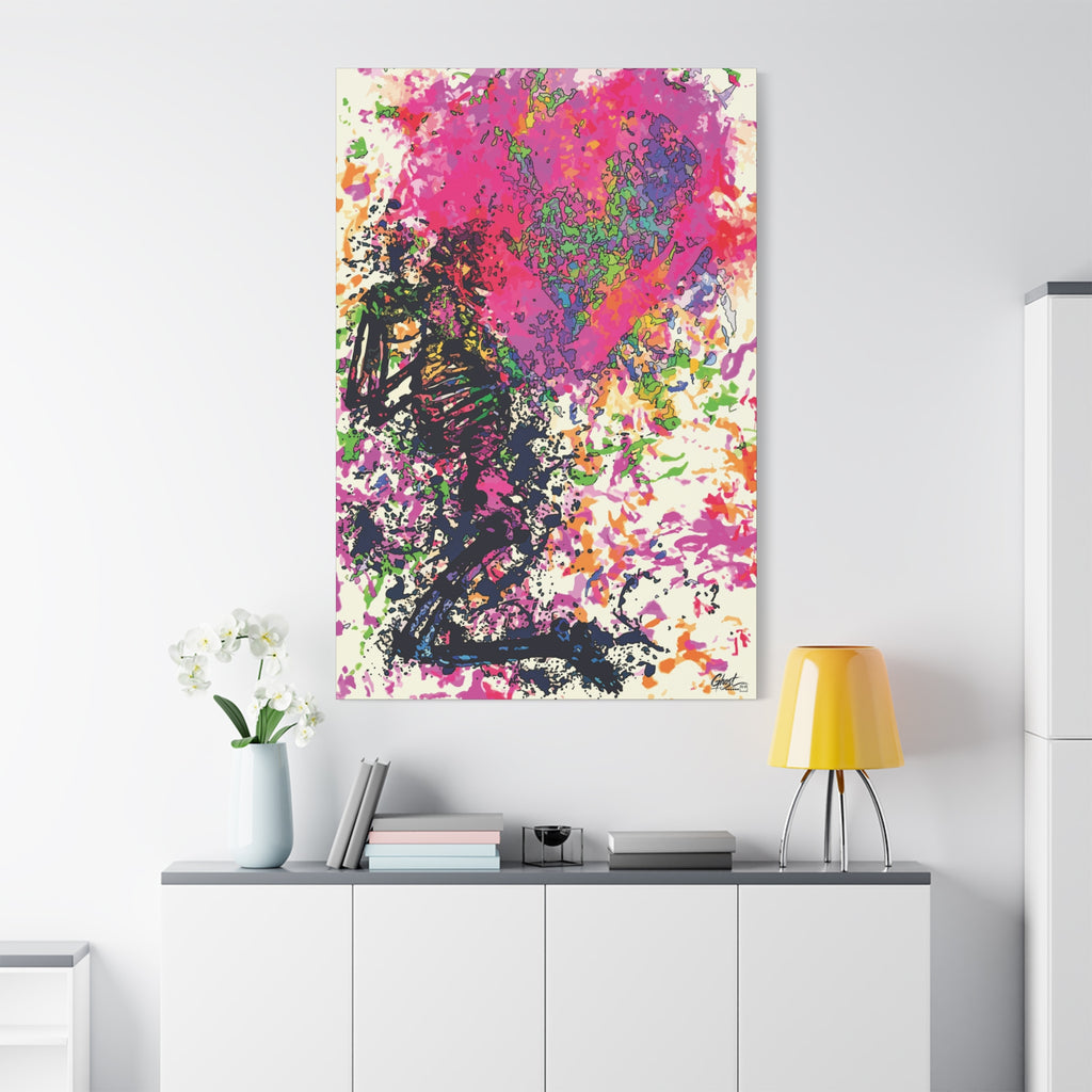 Waiting on My Love large canvas on a white wall over a sideboard, magenta and black splatter heart with a kneeling figure