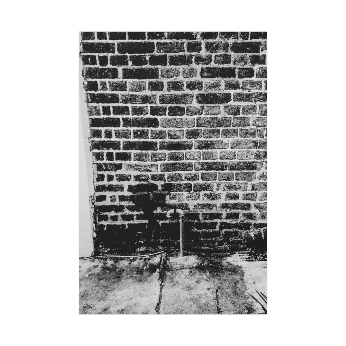 A Little Hiking in Charleston canvas print, front view: high-contrast brick wall with a tiny stencil hiker, Charleston SC