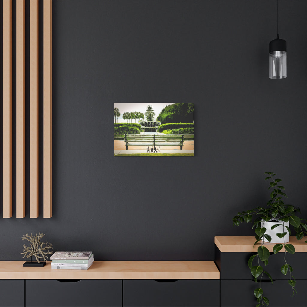 Pineapple Crossing medium canvas on a charcoal wall by wood slats, painterly park scene with the pineapple fountain