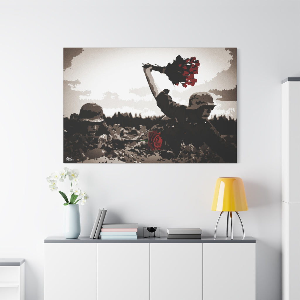 War Peace large canvas above a white sideboard and yellow lamp, wartime scene with a bouquet of deep red roses