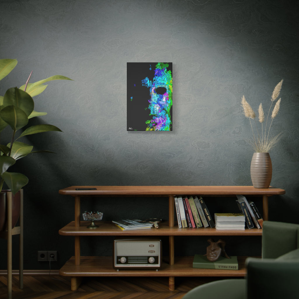 Stalk at Night, Prism Edition medium canvas above a wooden bookshelf, fractured triangle mask in electric color on black