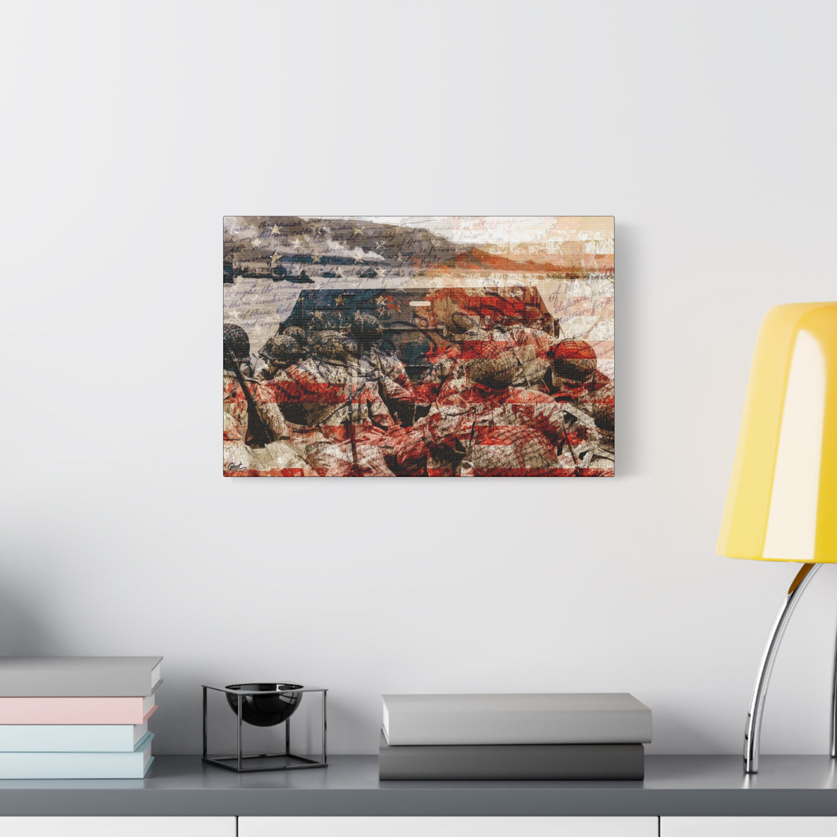 D-Day 75th Anniversary oversized canvas beside a yellow desk lamp, soldiers in a landing craft layered with stars and stripes