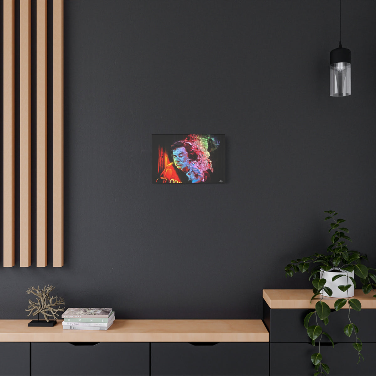 Launch Window small canvas on a charcoal wall by wood slats, ice-blue portrait with an eruption of psychedelic smoke