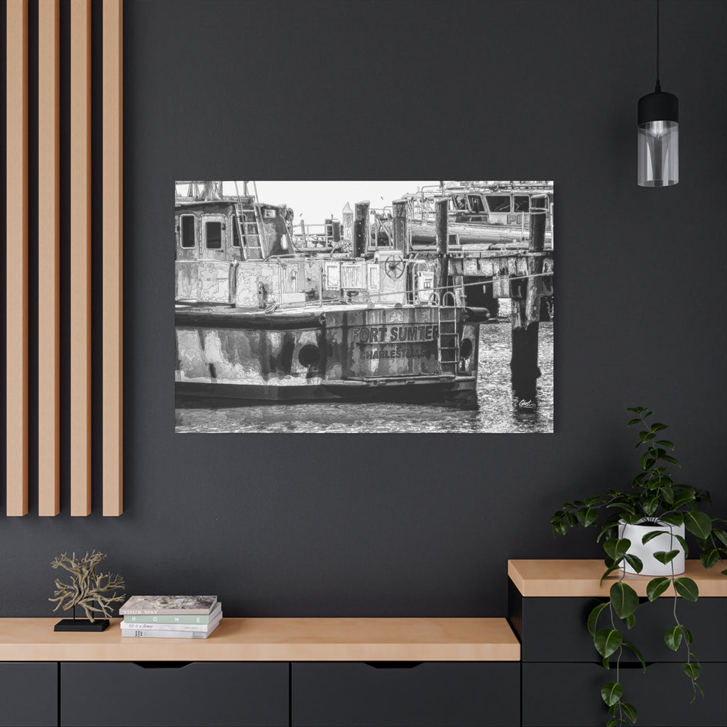 Fort Sumter Original large canvas on a charcoal wall over an oak shelf, weathered harbor boat sketched over in pen