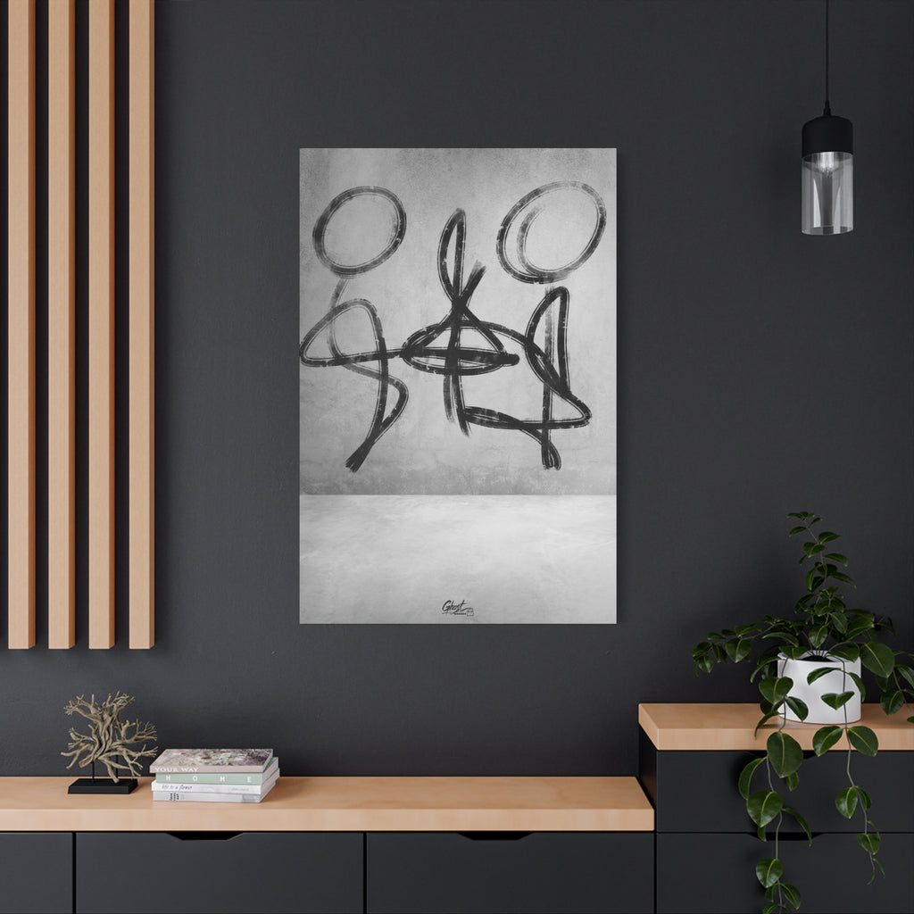 Infinity large canvas on a charcoal wall by wood slats, looping black-and-white brushstroke figures in balance