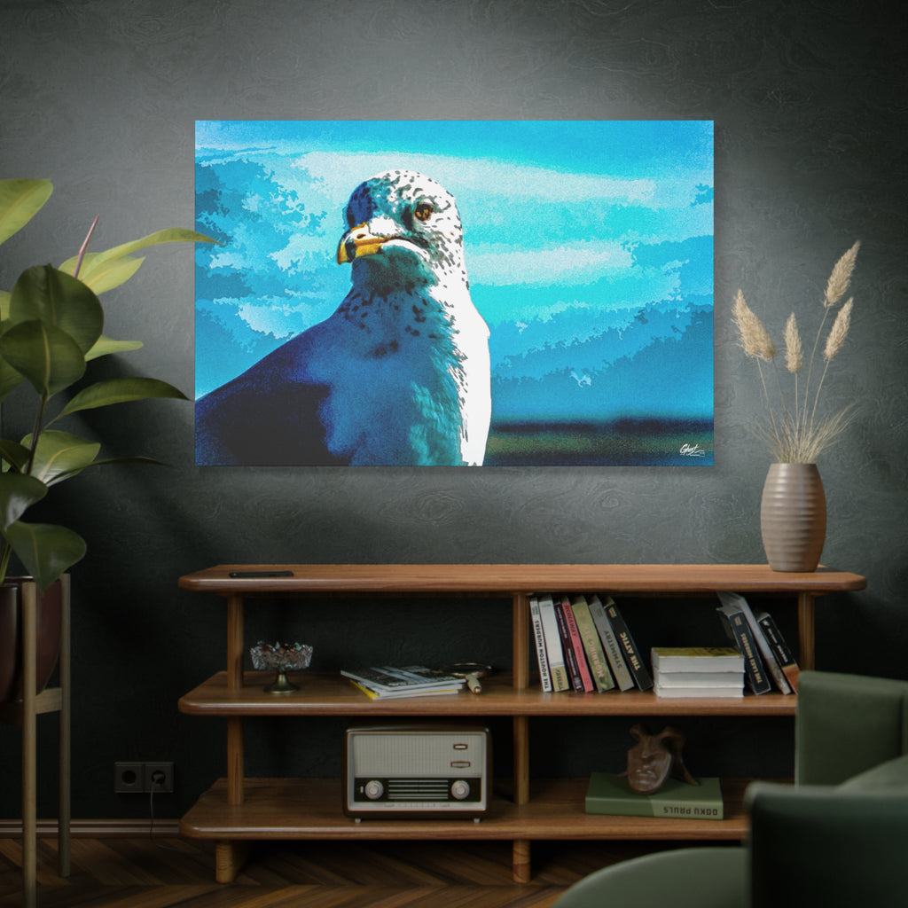 Carolina Seagull oversized canvas above a wooden bookshelf, close-up seagull with a sharp eye and yellow beak on bright blue