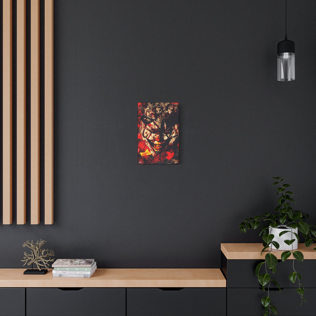 Down in a Drain small canvas on a charcoal wall over an oak shelf, grunge clown portrait with red splatter