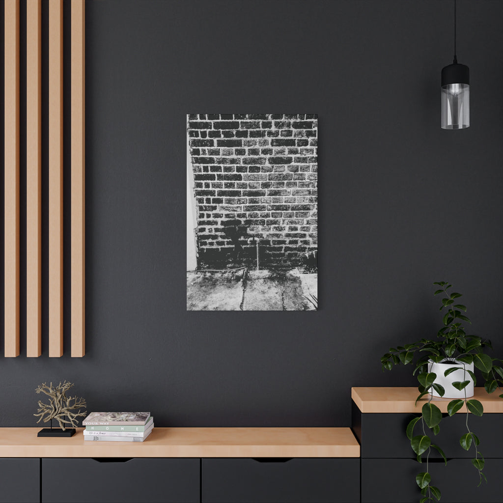A Little Hiking in Charleston large canvas on a charcoal wall by wood slats, stencil hiker on old brick