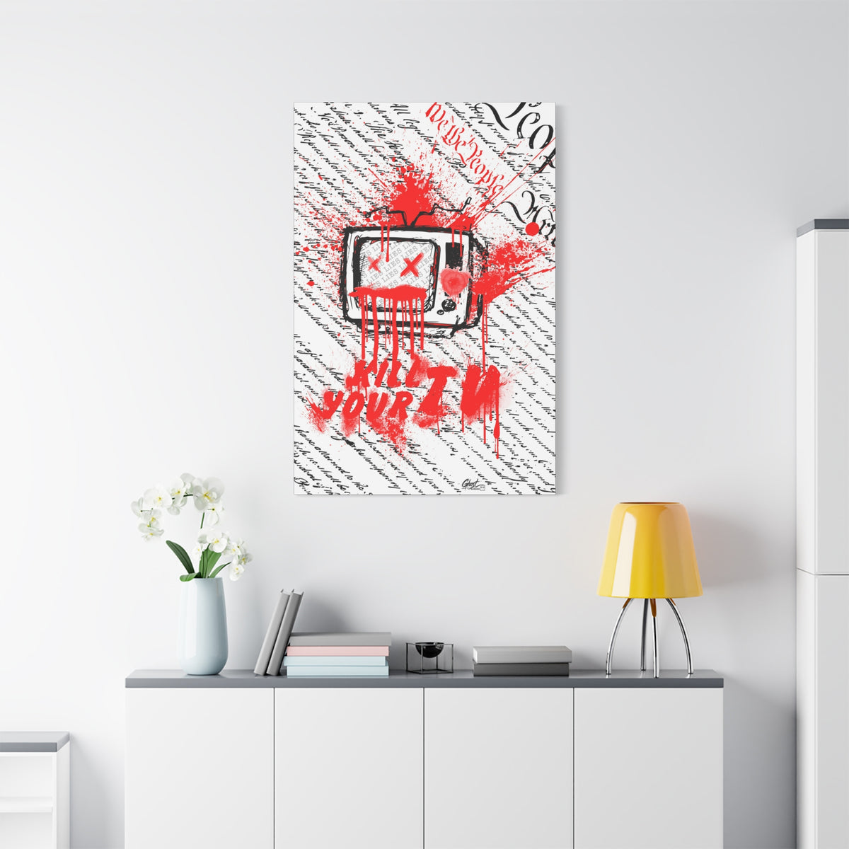 Kill Your TV medium canvas above a white sideboard and yellow lamp, vintage TV sketch splashed with dripping red