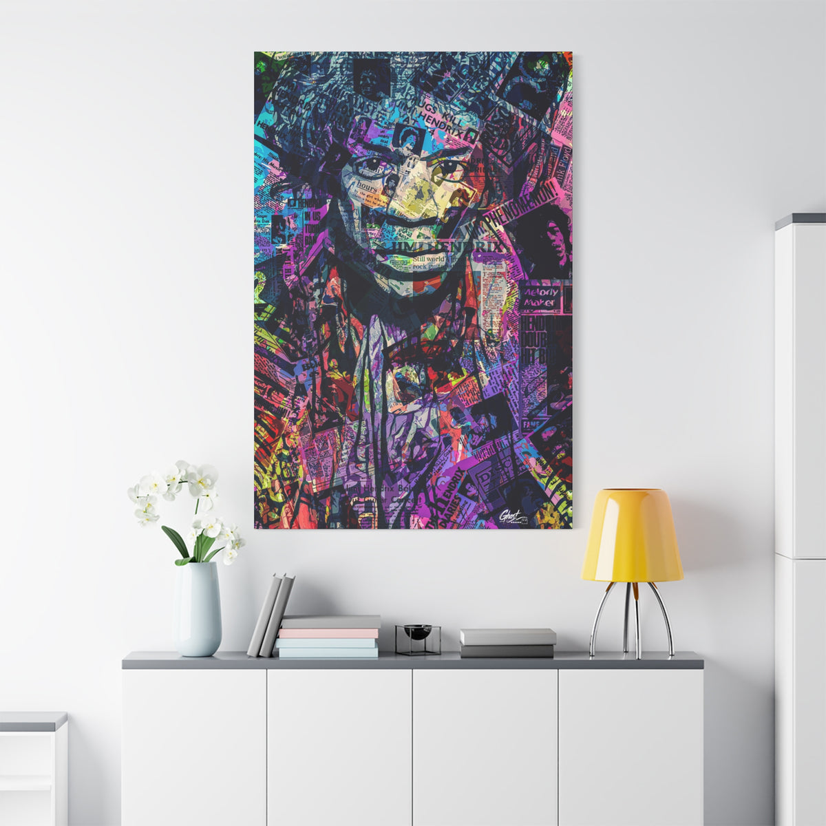Purple Voodoo oversized canvas above a white sideboard and yellow lamp, hazy music-collage portrait in deep blues