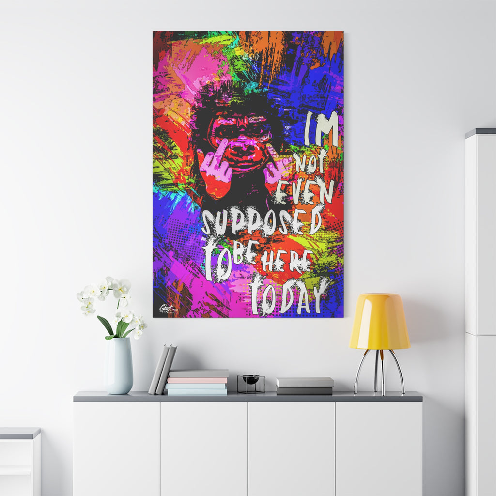 Not Even Supposed to Be Here canvas above a white sideboard and yellow lamp, neon pop-art ape over bold halftone color