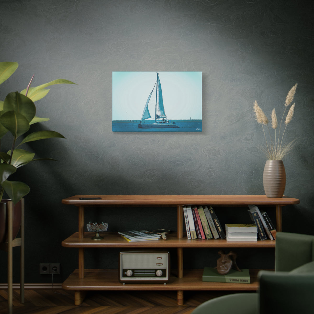 Freedom Sailing medium canvas on a green-gray wall over bookshelves, lone sailboat on soft aqua and teal water
