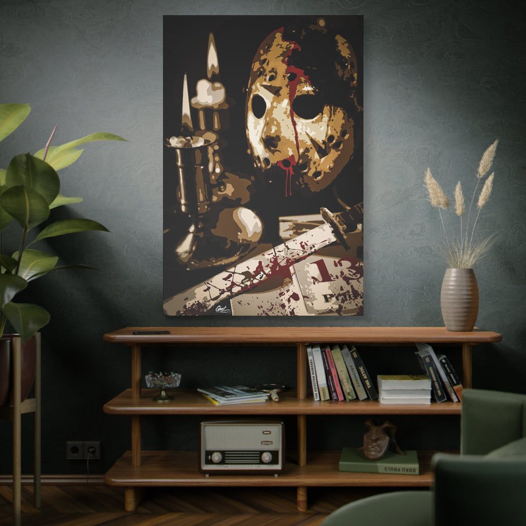 Off the Clock oversized canvas above a wooden bookshelf, bloodied hockey mask beside lit candles and a machete