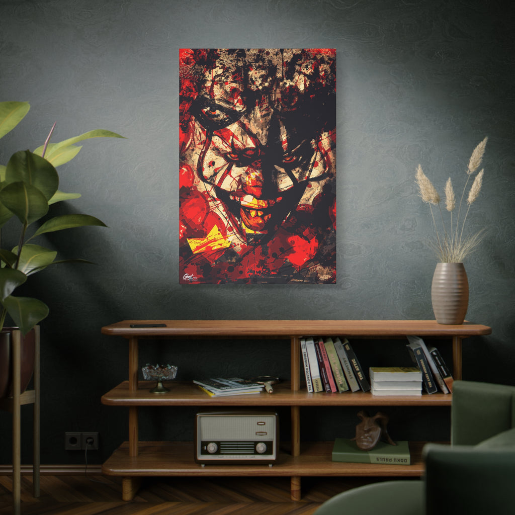 Down in a Drain large canvas on a green-gray wall over bookshelves, grunge clown portrait with red splatter