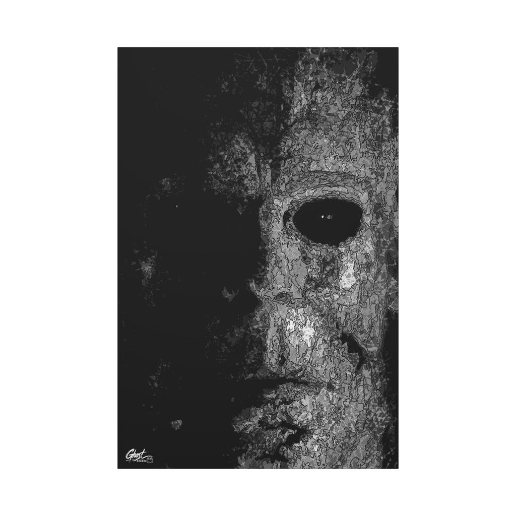 Stalk at Night canvas print, front view: pale mask in black-and-white pen sketch, half in shadow