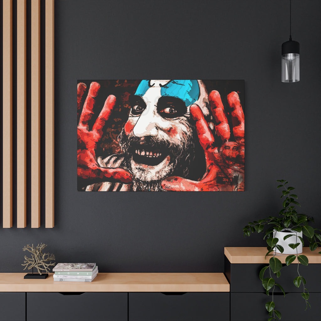 Don't Turn Your Back large canvas on a charcoal wall by wood slats, high-contrast red and white clown portrait