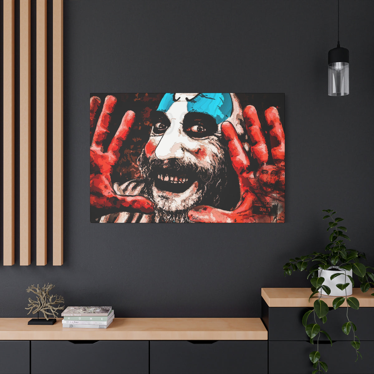 Don't Turn Your Back large canvas on a charcoal wall by wood slats, high-contrast red and white clown portrait