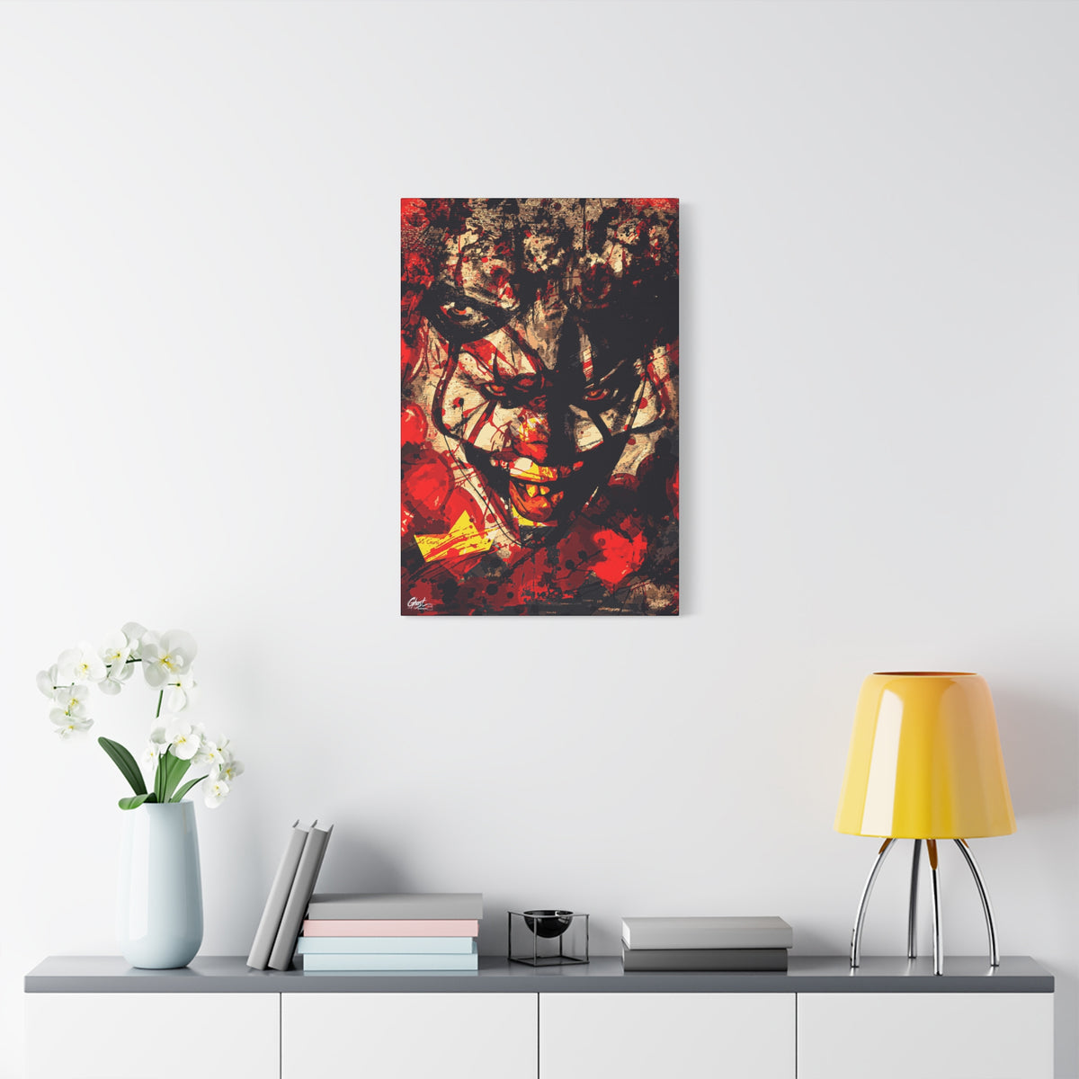 Down in a Drain large canvas on a white wall above a console, grunge clown portrait with red splatter