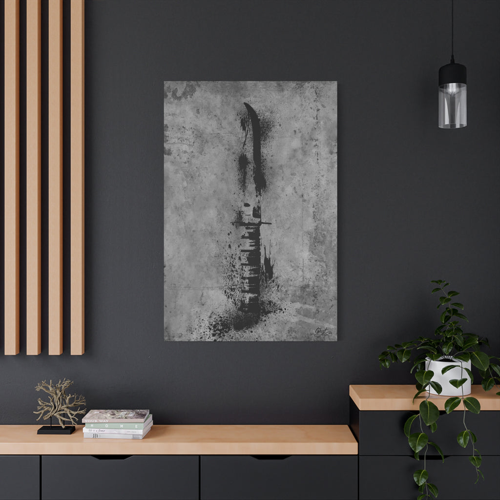 Marines BFF large canvas on a charcoal wall by wood slats, Marine fighting knife in black ink spatter on concrete gray