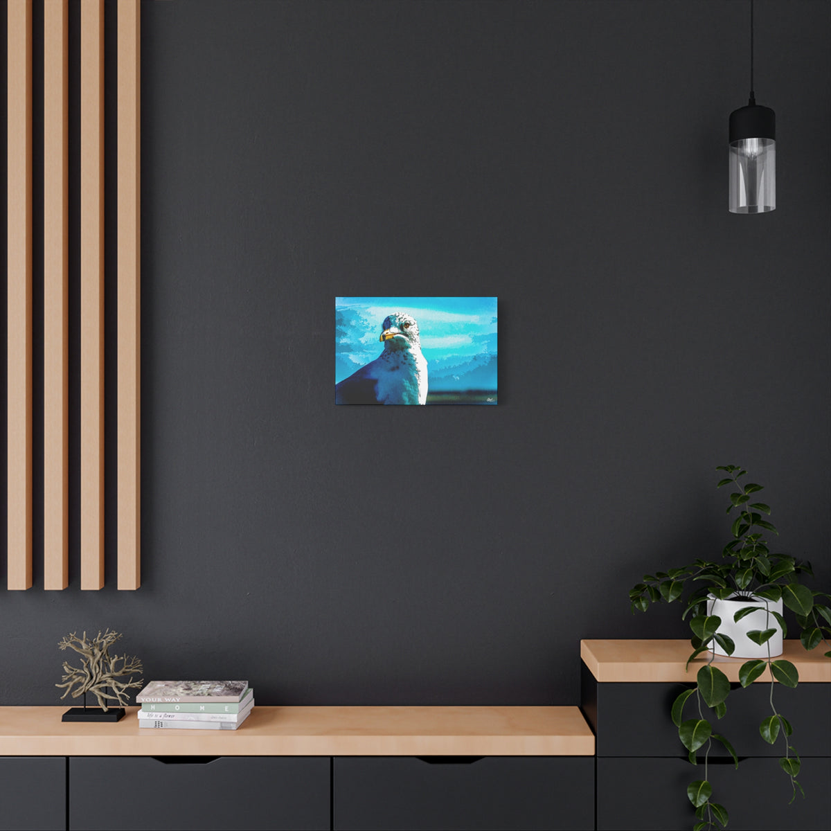 Carolina Seagull small canvas on a charcoal wall over an oak shelf, pier seagull close-up in vivid blues