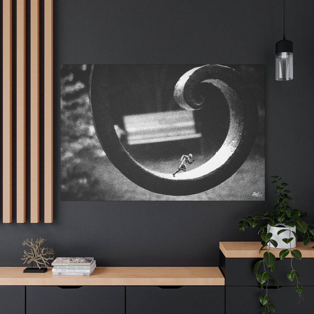 A Man in Charleston oversized canvas on a charcoal wall by wood slats, black-and-white Charleston alley ironwork with a miniature figurine mid-stride