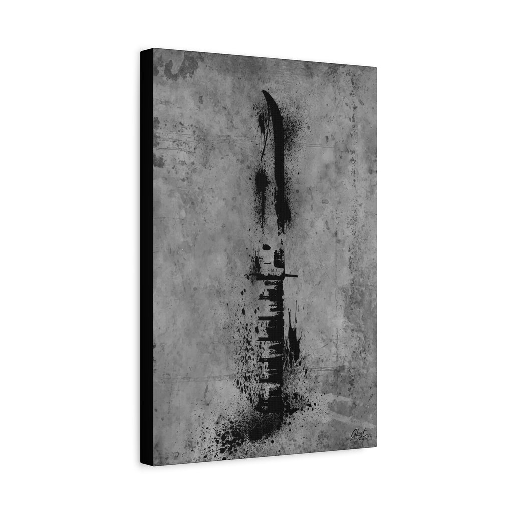 Marines BFF canvas, angled view of the gallery-wrapped edge: Marine fighting knife in black ink spatter on concrete gray