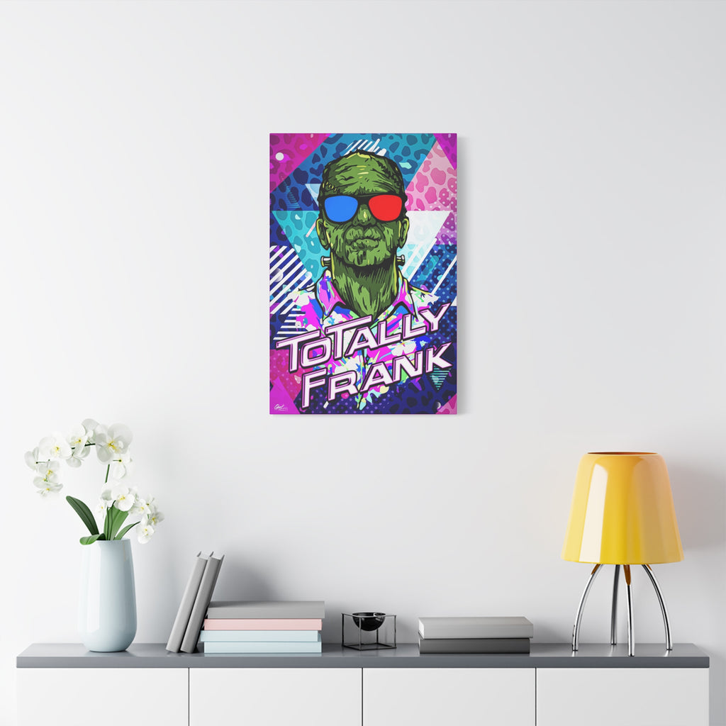 Monster Vibes large canvas on a white wall above a console, neon pop-art monster with bold block lettering