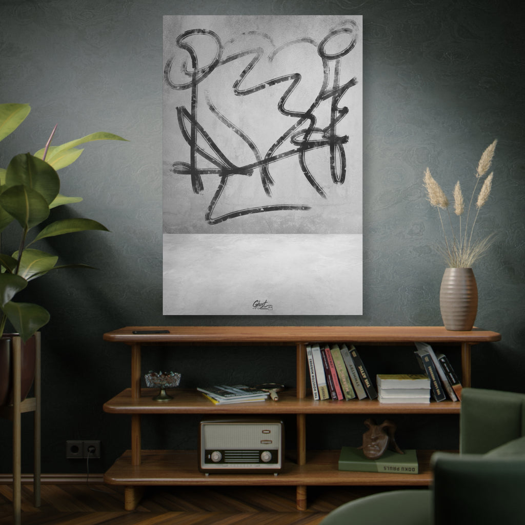 Heartbreak oversized canvas on a green-gray wall over bookshelves, minimal black-and-white abstract line art