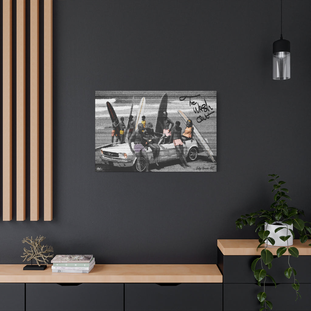The Wash Out large canvas on a charcoal wall by wood slats, grainy beach-day photo with a surfboard-loaded convertible