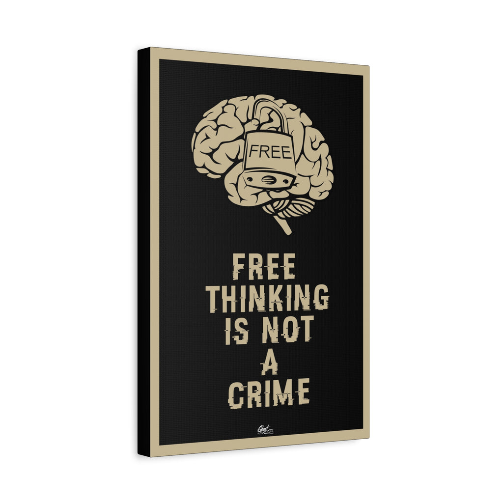 Free Thinking Is Not a Crime canvas, angled side view: locked brain with a padlock stamped Free, beige on charcoal