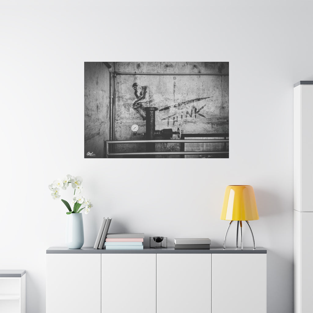 I Overthink large canvas on a white wall over a sideboard, gritty parking-garage wall with a stenciled THINK