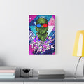 Monster Vibes medium canvas beside a yellow desk lamp, green monster in red-and-blue 3D glasses and a tropical shirt