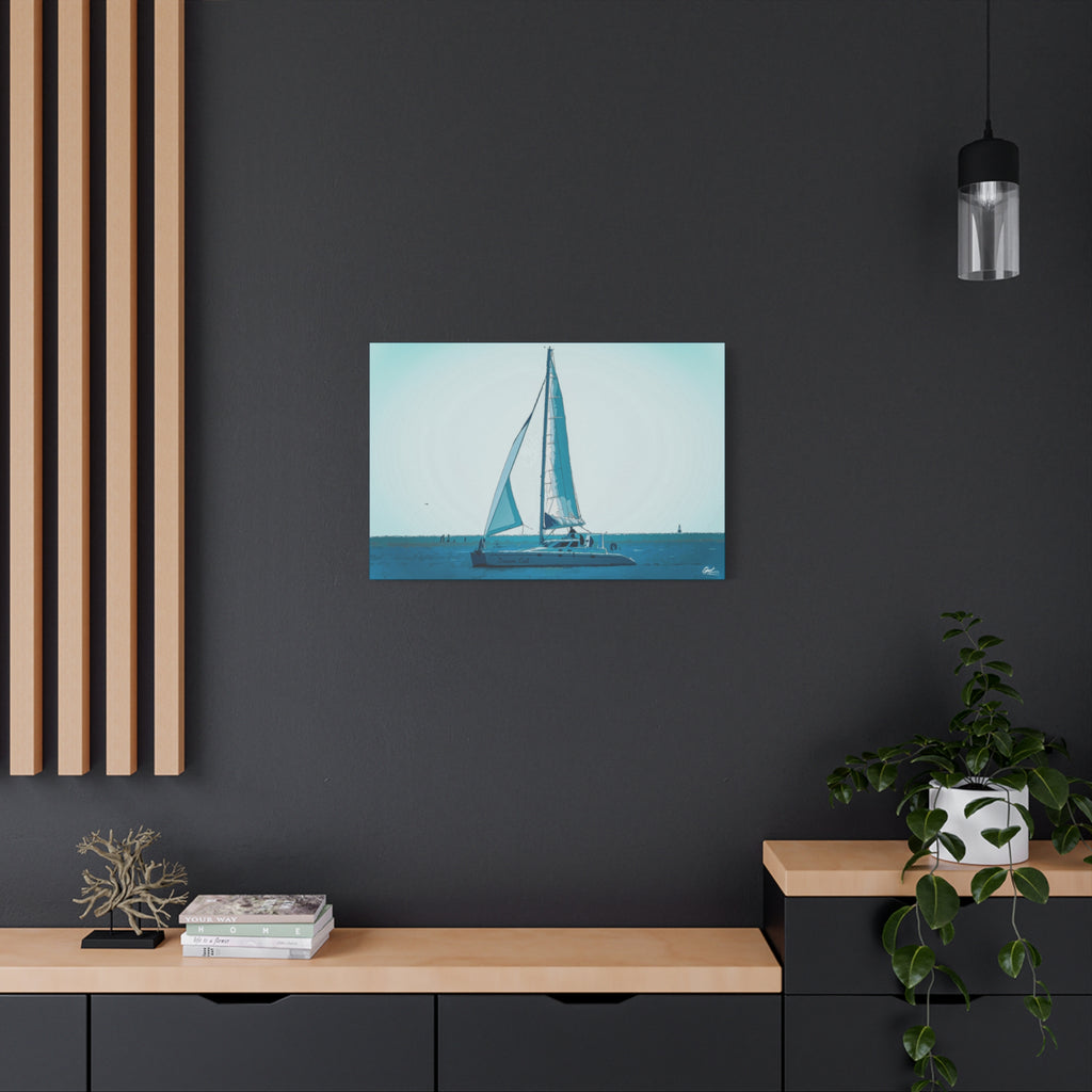 Freedom Sailing medium canvas on a charcoal wall over an oak shelf, lone sailboat on soft aqua and teal water