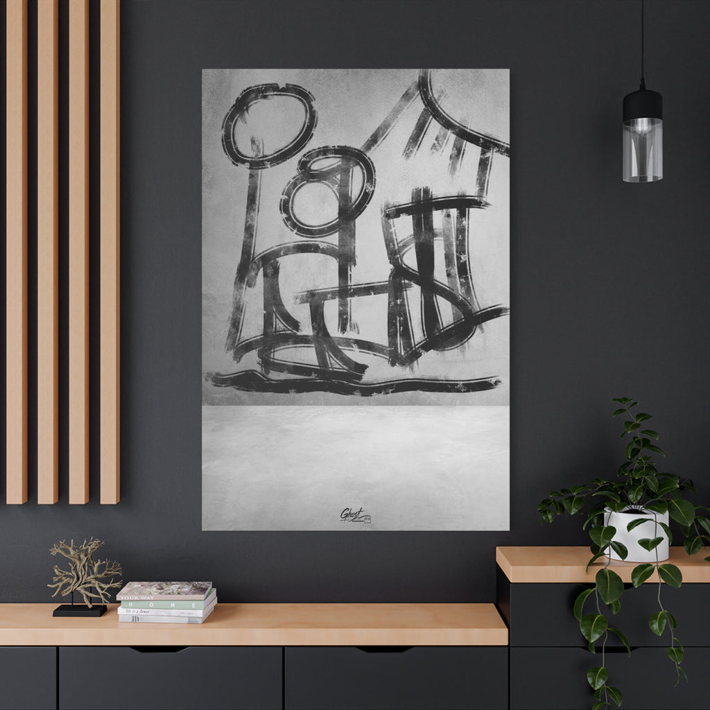 The Question oversized canvas on a charcoal wall over an oak shelf, sketchbook-style black-and-white abstract