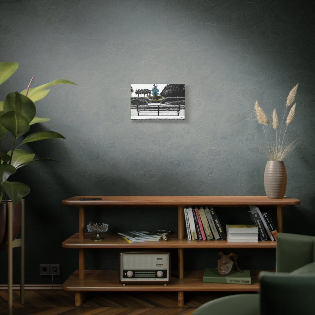 The Pineapple of Peace canvas on a green-gray wall over bookshelves, Southern hospitality pineapple in soft grays and greens